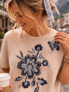 Y2K / Vintage Beaded Butterfly Floral Sweater Top I Large I Cottage-core Casual